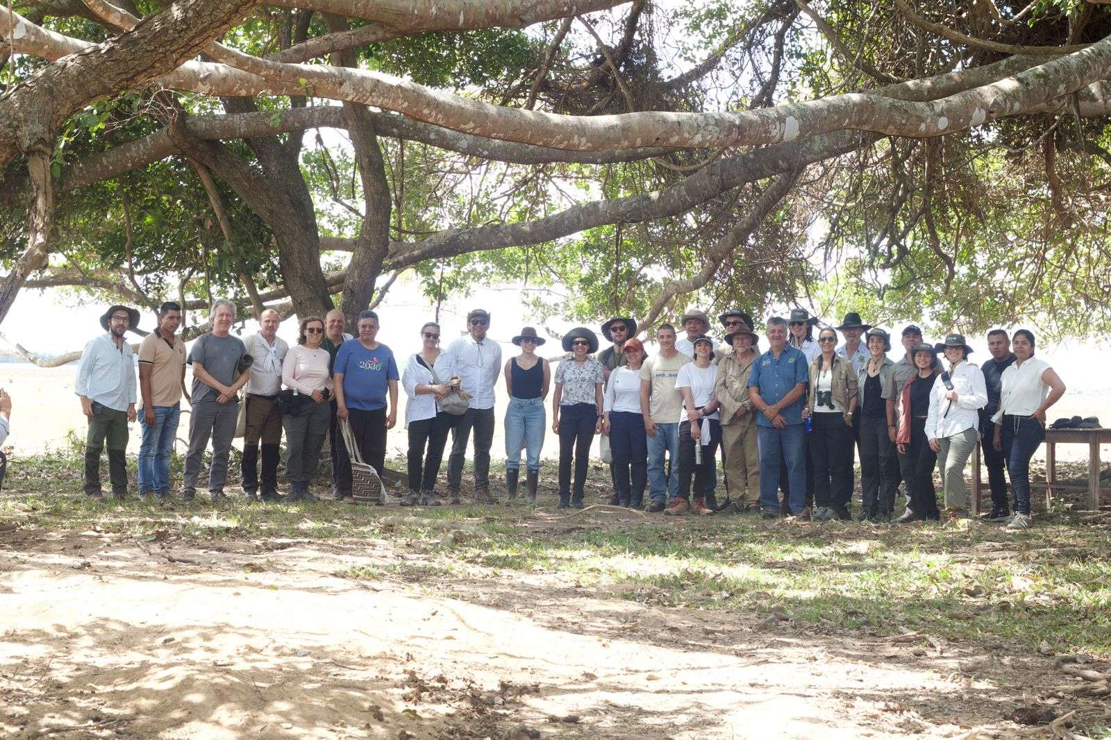 Un grupo de hombres y mujeres posando juntos bajo la sombra de un gran árbol de copa extendida en una zona rural de los Llanos Orientales