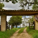 Fotografía del portón de entrada rústico de la Reserva Natural El Silencio en San Francisco, Cundinamarca. Se observa una estructura con columnas de ladrillo claro, techo de tejas cubierto de vegetación y un letrero de madera que dice 'Reserva Natural El Silencio - Conservemos el bosque andino de niebla', enmarcado por un paisaje verde de montaña.